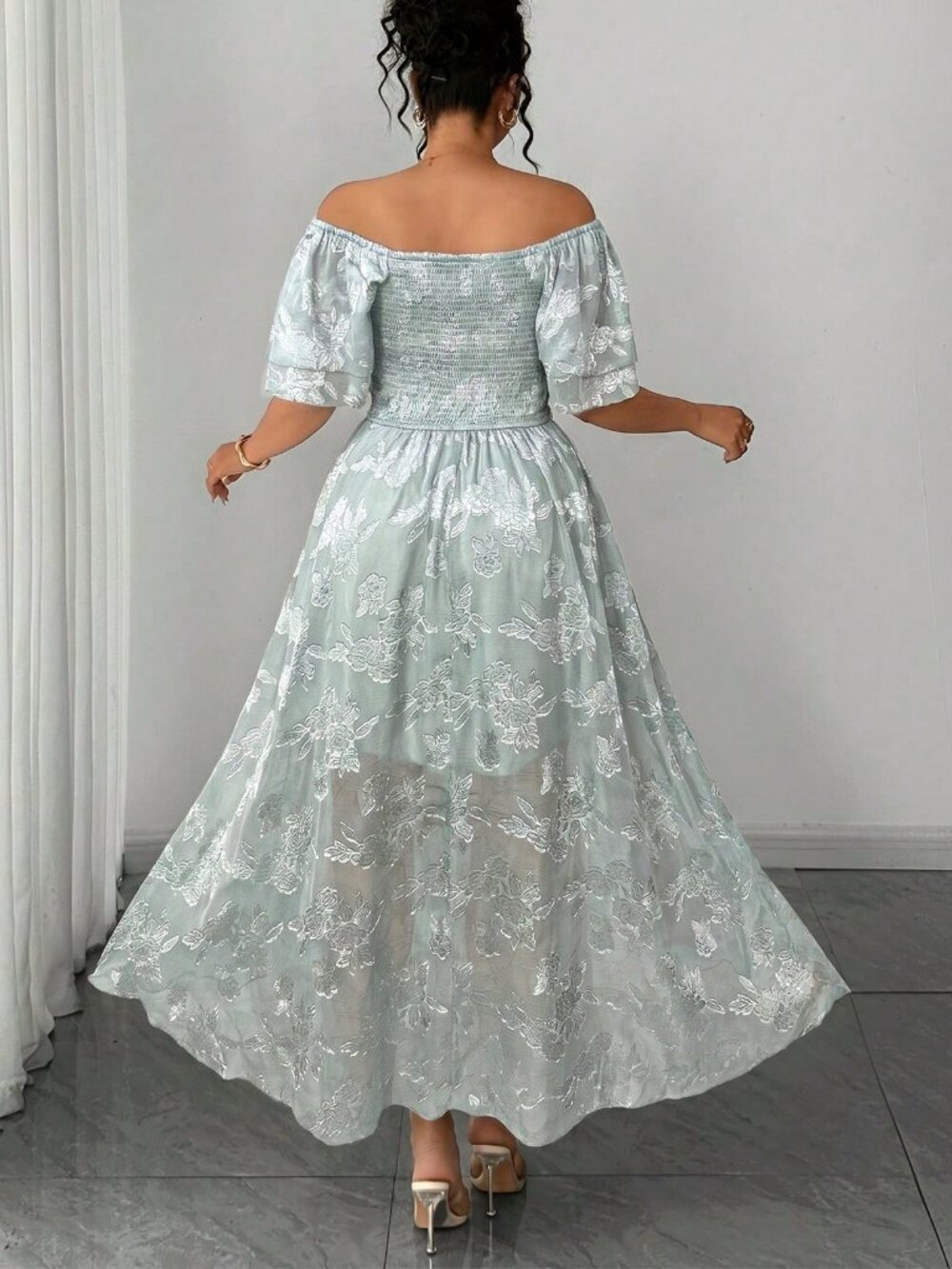 Mint Green Elegant Off-Shoulder Women's Plus Size Lace hi low Dress - Picture 2 of 5